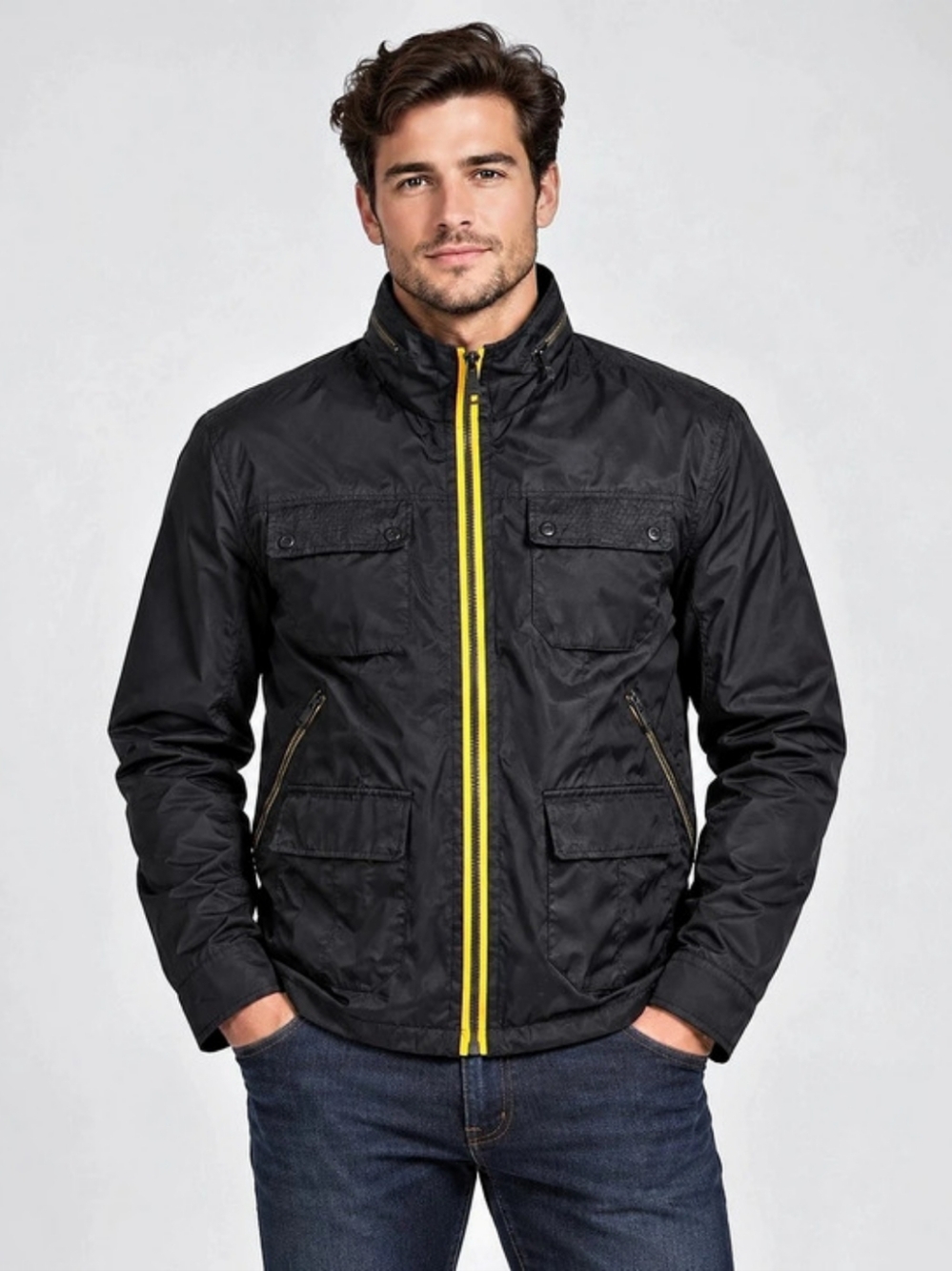 Marc New York Andrew Marc Men’s XL Black Utility Field Jacket Hood Yellow Zip